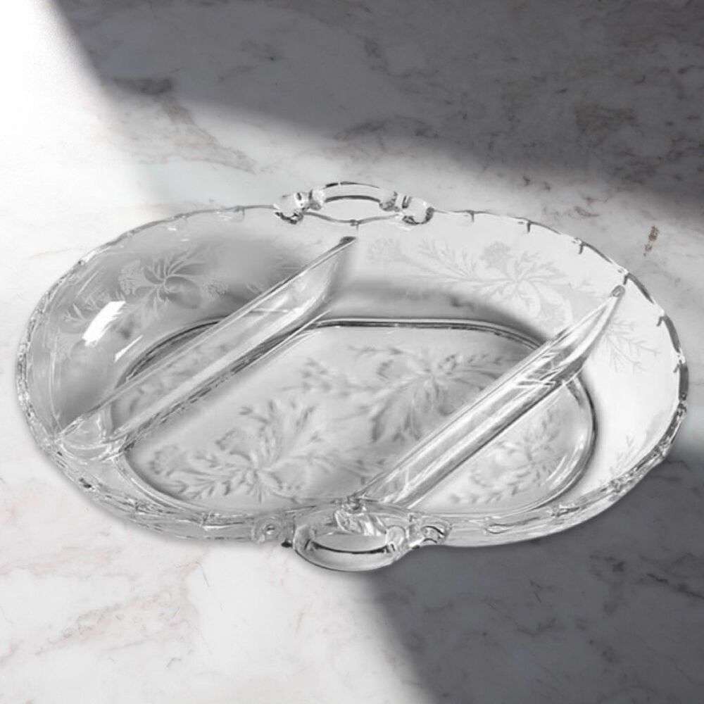 Mid Century Fostoria Heather Etched Crystal 3 Part Oval Relish Dish